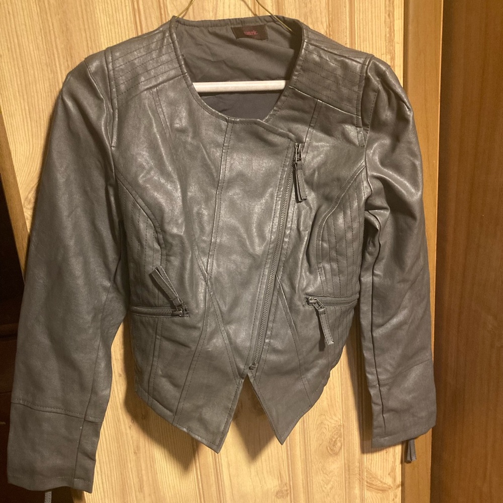 Gray silver moto faux leather jacket